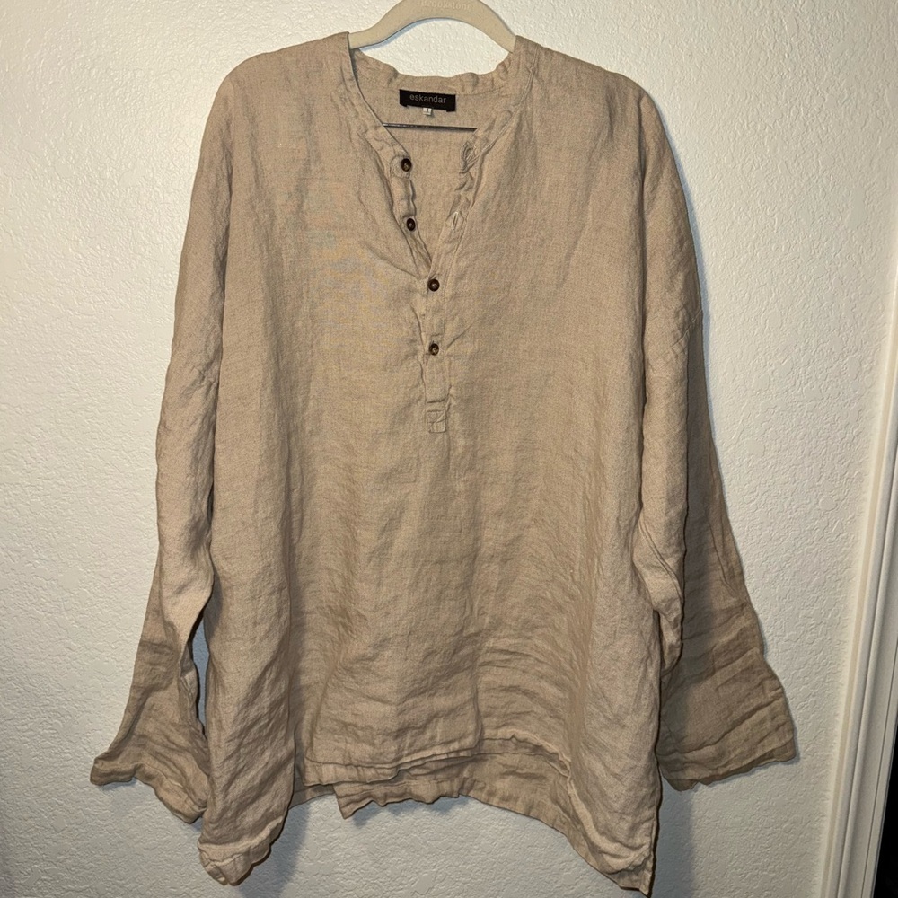 ESKANDAR 100% Linen Oatmeal Button Front Oversized Draped Lagenlook Top Size 1